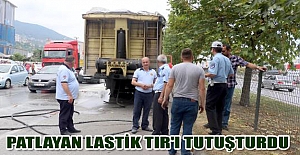 Patlayan lastik TIR'ı tutuşturdu